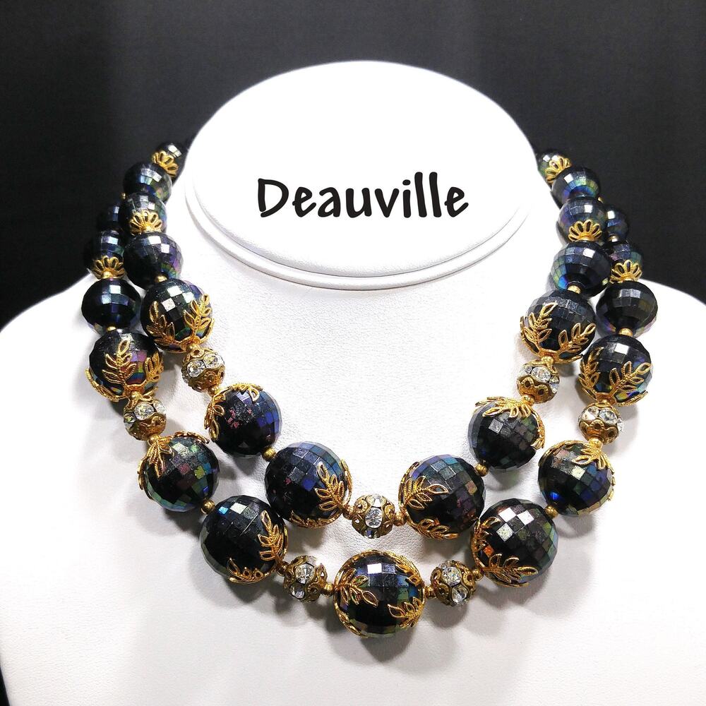 Deauville Black Faceted Lucite Bead Necklace Rhinestone Gold Tone 1950s